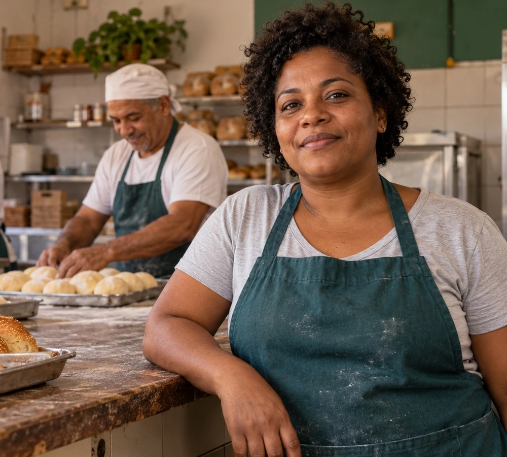 Trabalhadora de uma padaria sorrindo, com colegas ao fundo