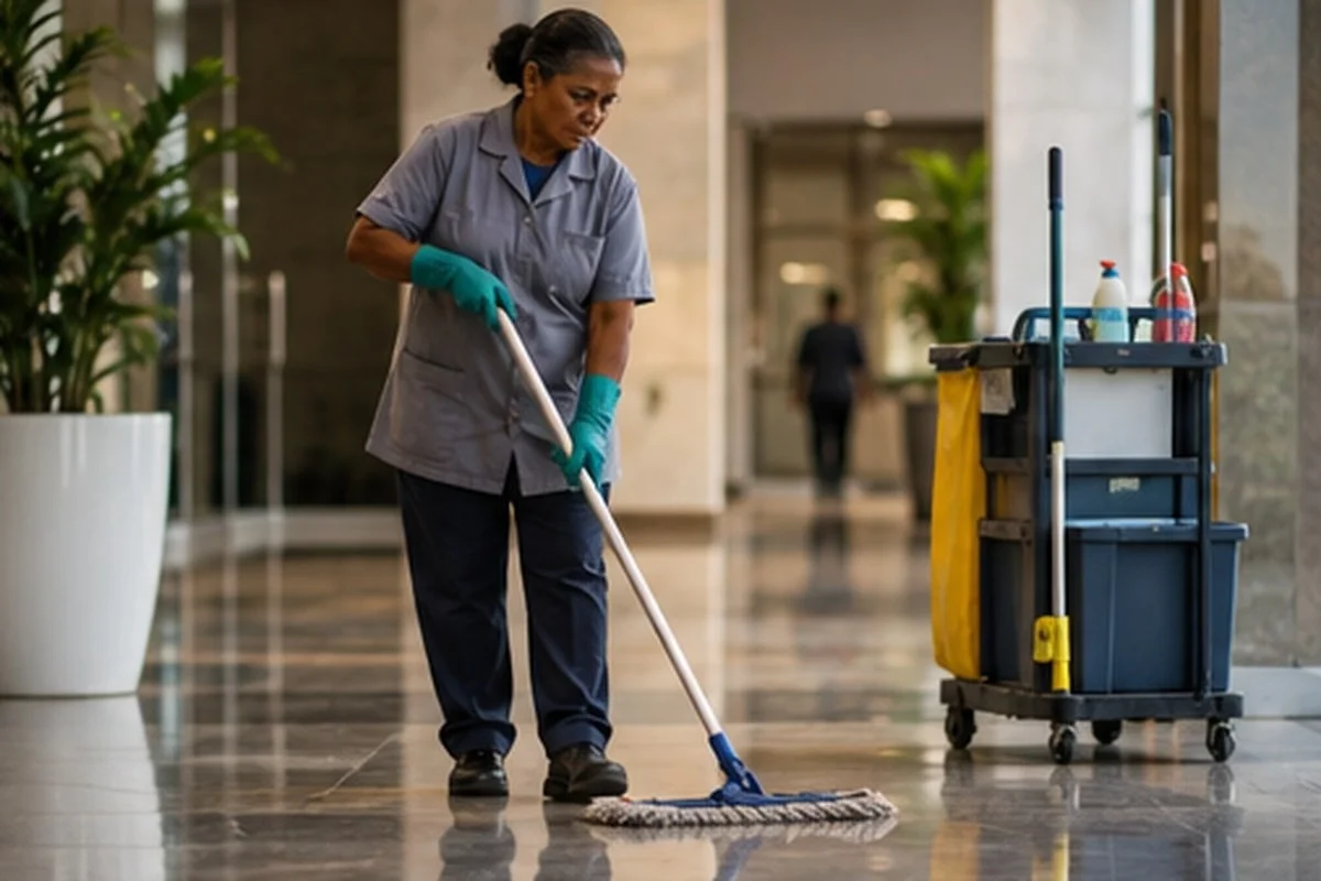 Trabalhadores do setor de limpeza, portaria e segurança